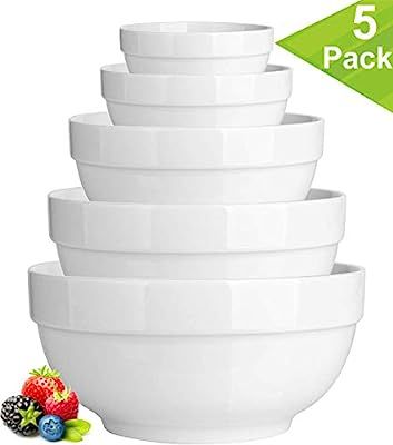 DeeCoo 5 Pcs Ceramic Mixing Serving Bowls Set, White Serving Bowls, Serving Dishes, Large Mixing ... | Amazon (US)