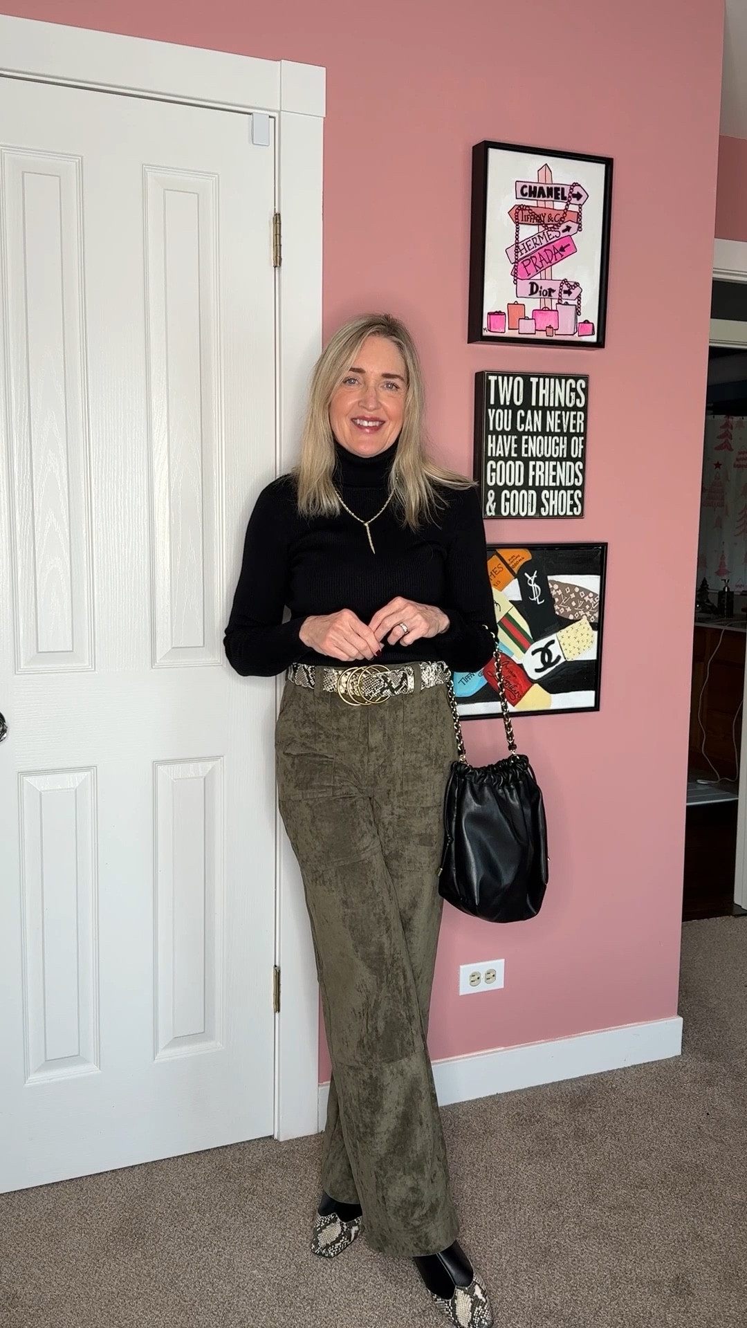 Chic and cozy girls night out outfit. Blank NYC suede pants size 25. Steve Madden booties run true to size. 

Winter outfit, date night outfit, over 50 style, snake print accessories, statement belts

#LTKWorkwear #LTKgrwm #LTKootd