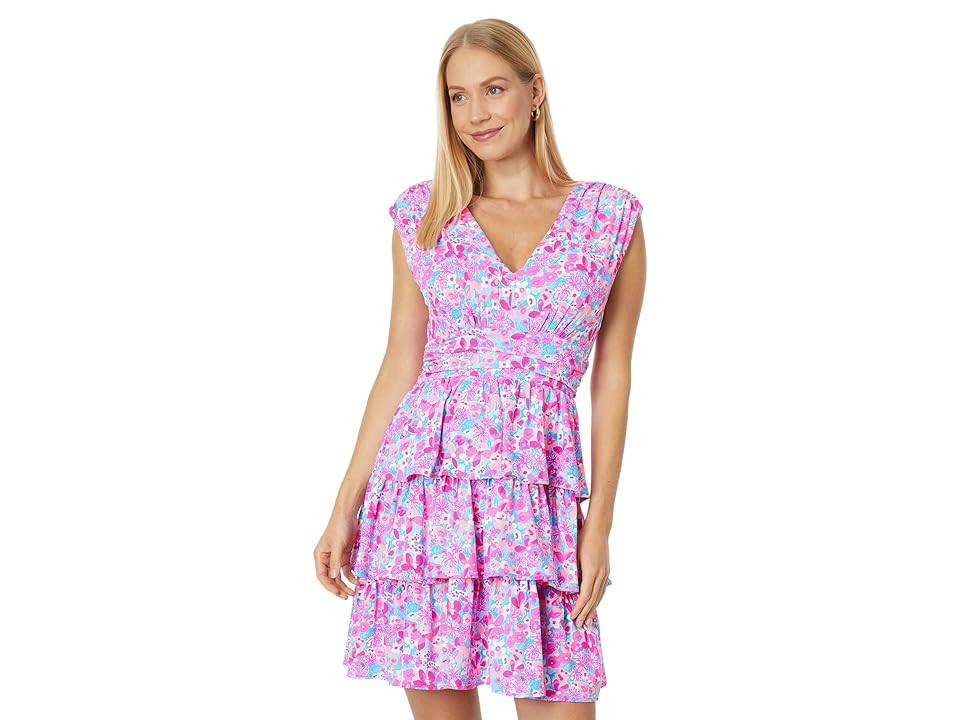 Lilly Pulitzer Faye V-Neck Ruffle Dress Women's Dress Aura Pink Baby Bloomer : MD, Rayon/Spandex | Zappos