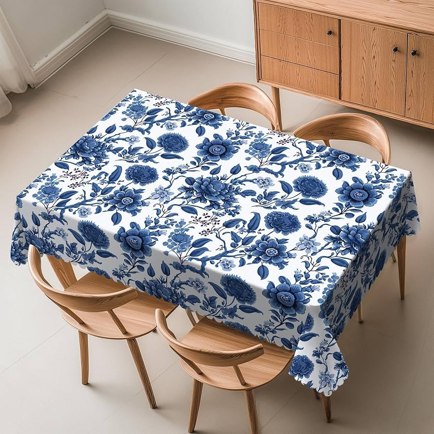 Rustic Blue Floral Tablecloth Vintage Bohemian Style Rectangle Table Cloth Classic Porcelain Flor... | Amazon (US)