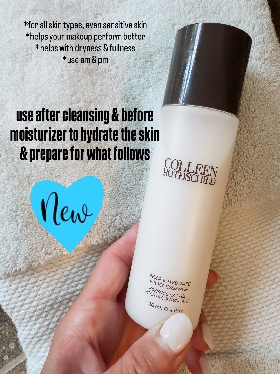 Colleen Rothschild friends & family sale!
New product. Prep & Hydrate.  Use after cleaning, before moisturizing.
@Colleenrothschild #crpartner 