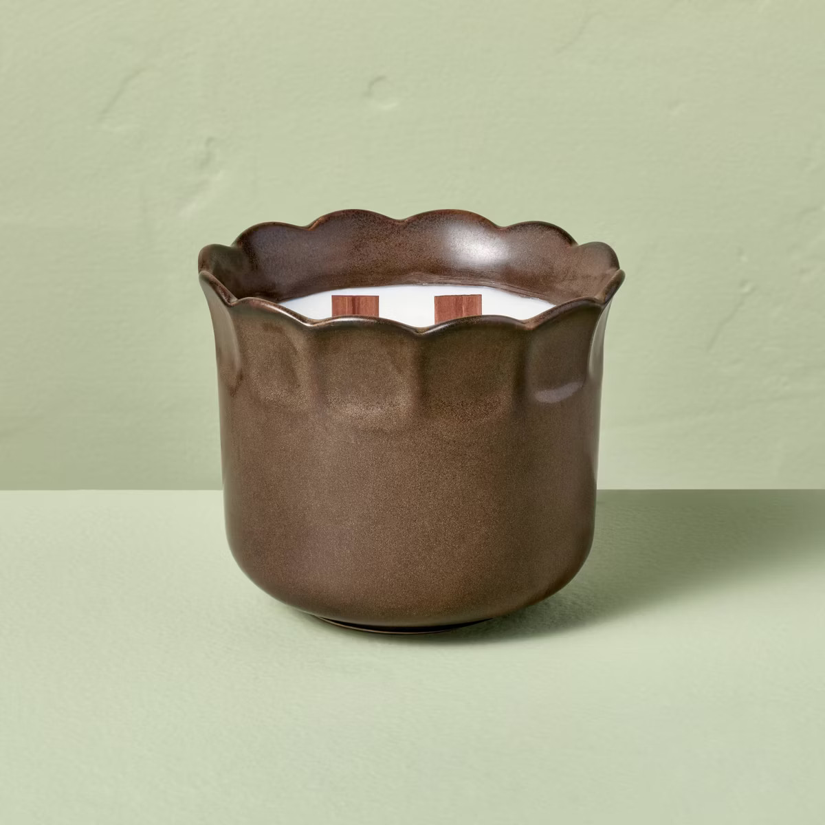 2 Wooden Wick Ceramic Scalloped Rim Black Oak and Persimmon Jar Candle 11oz - Hearth & Hand™ wi... | Target