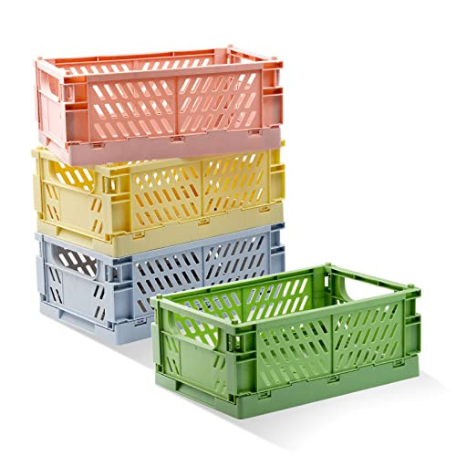 Xhwykzz 4 Pack Pastel Crates for Storage, Plastic Folding Basket, Colorful Small Storage Containers for Bedroom Office Classroom Bathroom Desktop Drawer Organizer Decor ( 9.8x6.5x3.8inch | Amazon (US)