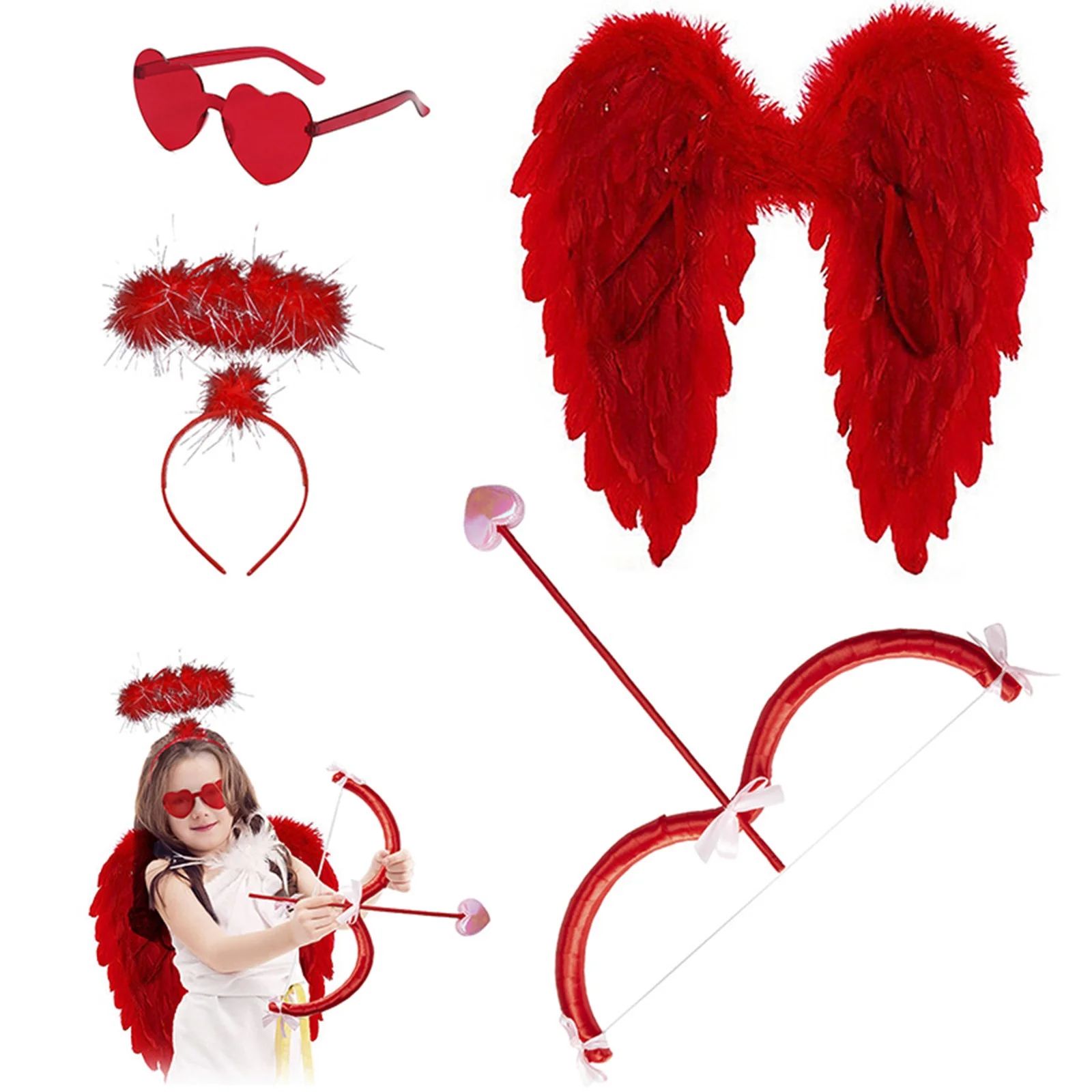 4 Pcs Halloween Valentines Day Cupid Bow and Arrow Feather Wings Headwear Heart Rimless Sunglasse... | Walmart (US)