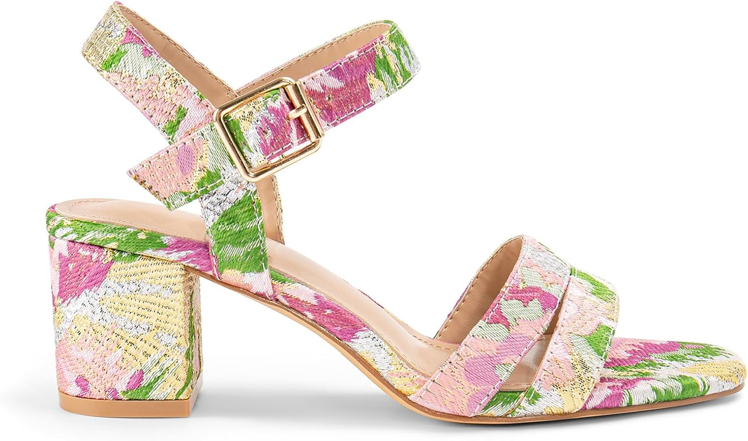 Floral Heels for Women Round Open Toe Chunky Block Heel Ankle Strap Heeled Sandals Summer Dressy Party Shoes Heels | Amazon (US)