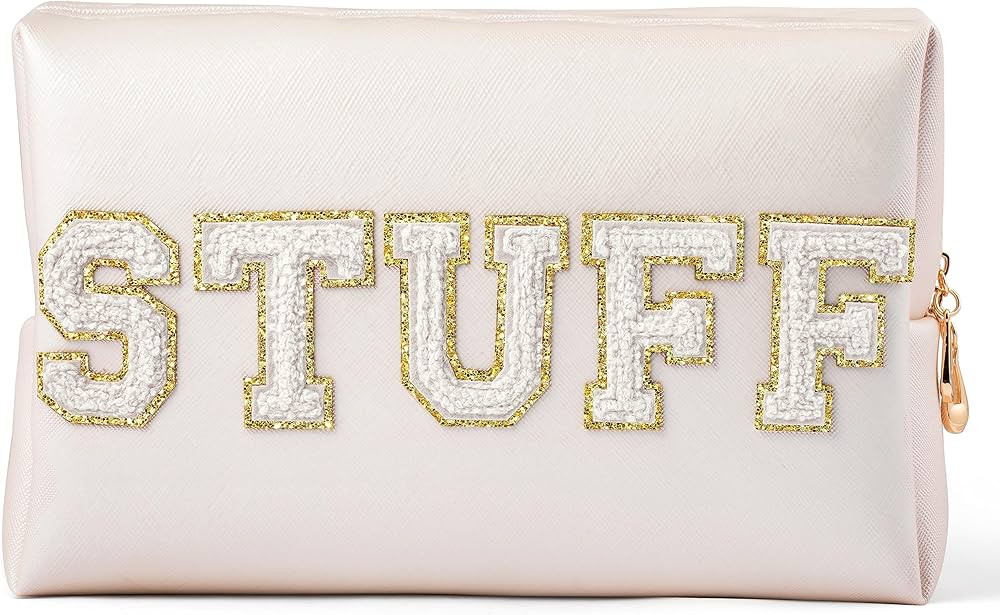 Amazon.com : Y1tvei Preppy Patch STUFF White Chenille Letter Extra Large Cosmetic Bag PU Leather ... | Amazon (US)
