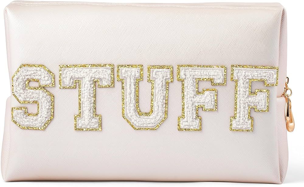 Y1tvei Preppy Patch STUFF White Chenille Letter Extra Large Cosmetic Bag PU Leather Waterproof Po... | Amazon (US)