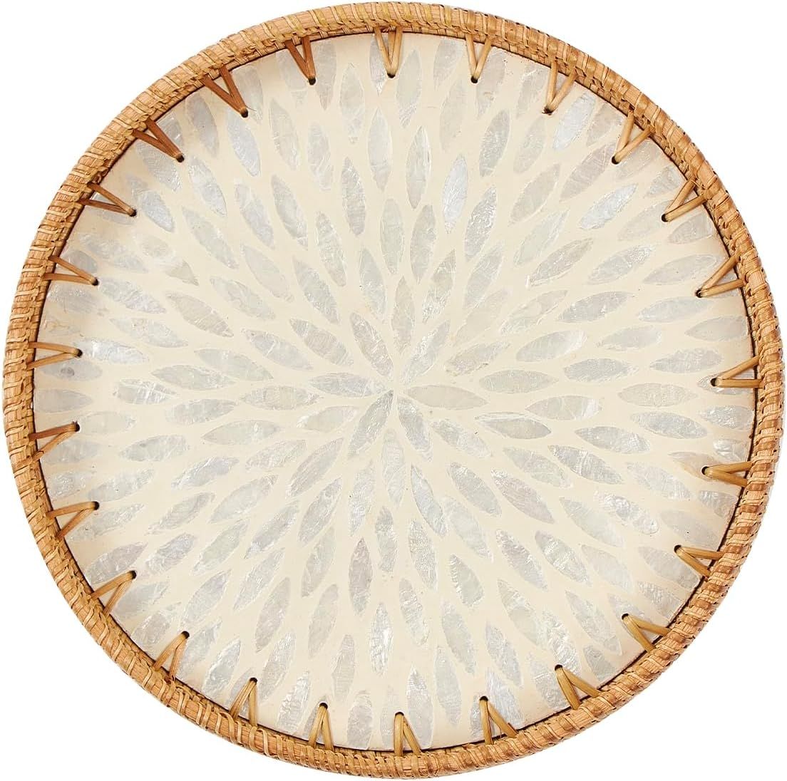 Round Rattan Tray with Mother of Pearl Inlay, Rattan Serving Tray with Wooden Base, Decorative Wi... | Amazon (US)