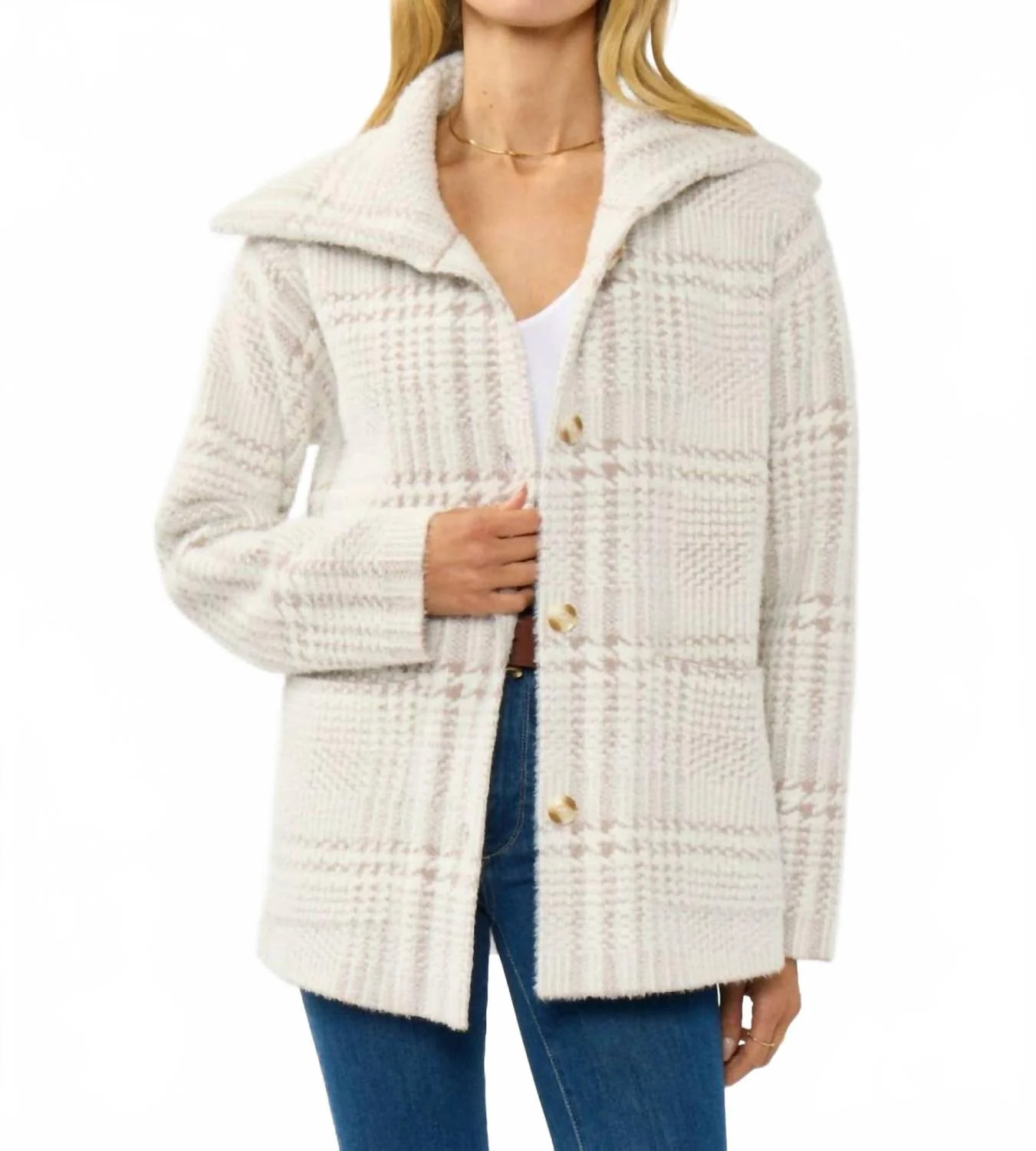 Plaid Button-Up Sweater Jacket In Cream | Shop Simon