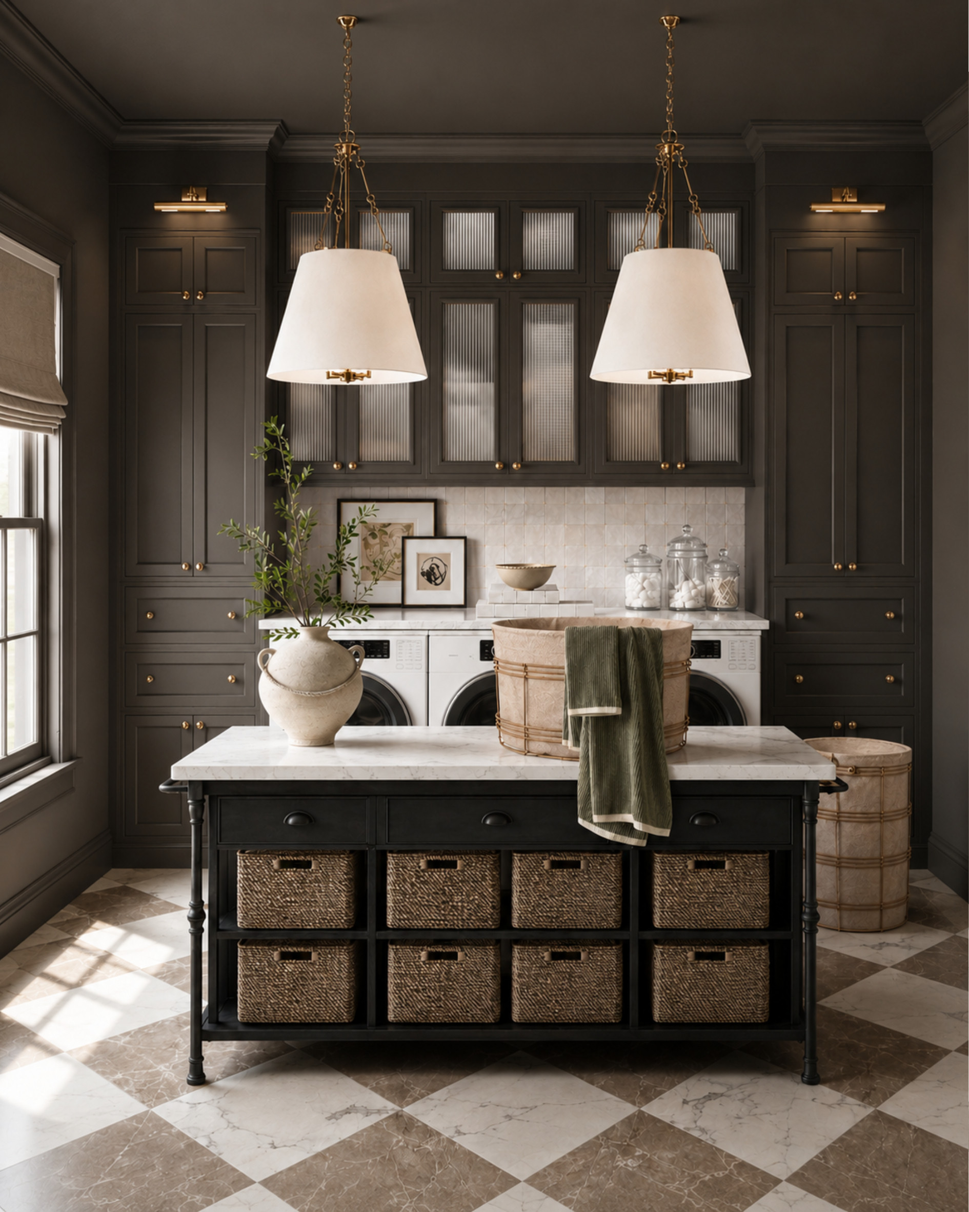 A moody laundry room can still feel warm, functional, and elevated. This space layers dark painted cabinetry, marble-look counters, brass lighting, woven storage baskets, glass canisters, and a checkered floor for that classic-meets-collected laundry room look. Perfect inspo if you’re designing a small laundry room, mudroom laundry combo, or utility room that needs both storage and style.

These are the pieces that bring this elevated laundry room together. I may receive a commission from qualifying purchases.

laundry room design, moody laundry room, laundry room storage, dark cabinets, brass lighting, woven baskets, checkered floor, marble countertop, utility room ideas, classic laundry room 

 #LTKHome