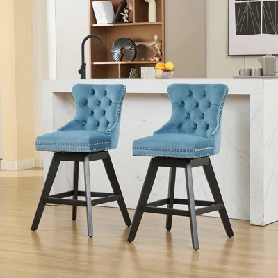 Set Of 2 Swivel Barstools With Button Tufted Decoration And Wooden Legs, Bar Chairs With Nailhead Trim | Wayfair North America