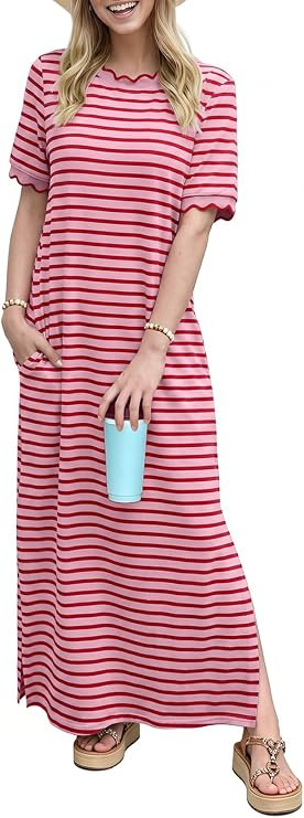 Dokotoo Summer Dresses for Women 2026 Short Sleeve Crewneck T-Shirt Dress Casual Striped Side Sli... | Amazon (US)
