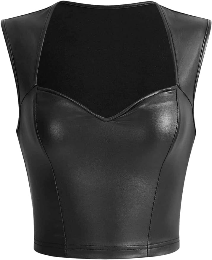 Verdusa Women's Sweetheart Neck Sleeveless PU Leather Tank Crop Top | Amazon (US)