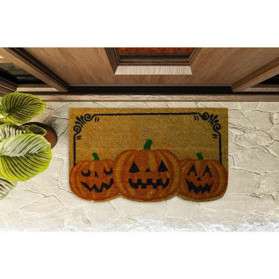 Kate Aurora Halloween Three Jacks Pumpkin Bristled Coir Outdoor Welcome Mat - 18"x30" | Target