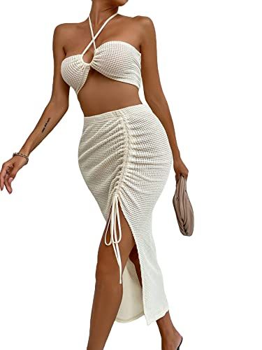 SOLY HUX Women's Summer 2 Piece Sexy Bodycon Outfits With Crop Halter Top & Drawstring Split Thig... | Amazon (US)