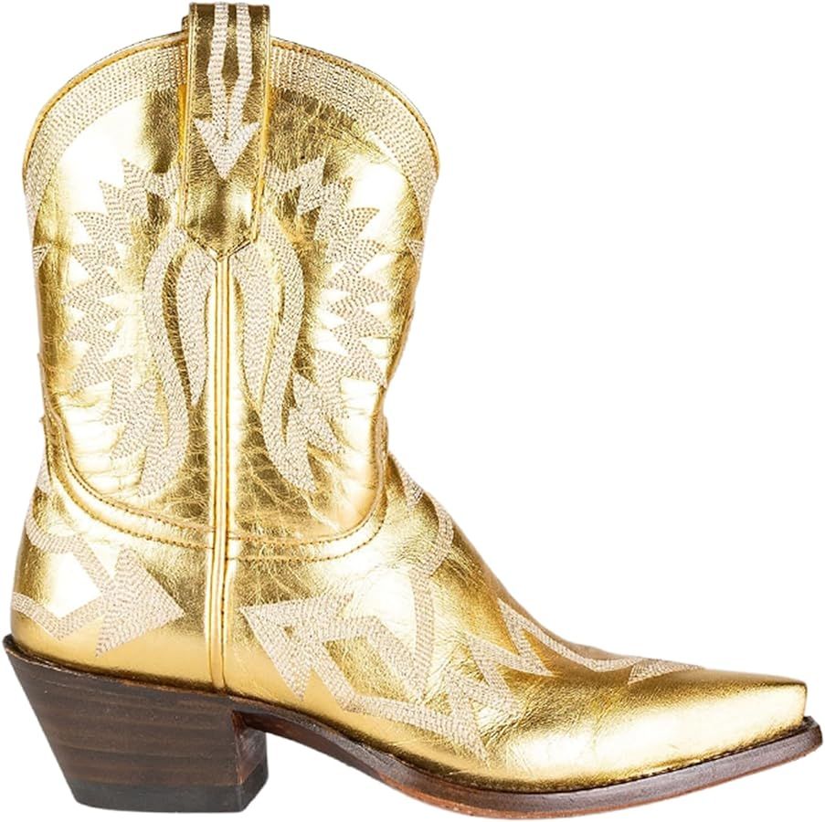 Metallic Ankle Cowboy Boots for Women Chunky Heel Short Cowgirl Boots Embroidered Western Boots | Amazon (US)