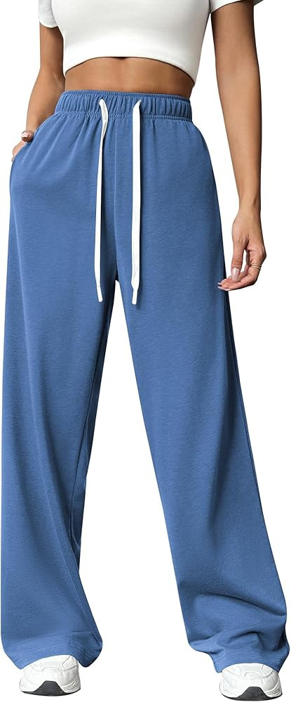 PINSPARK Wide Leg Sweat Pants for Womens High Waisted Baggy Sweatpants Casual Drawstring Workout ... | Amazon (US)