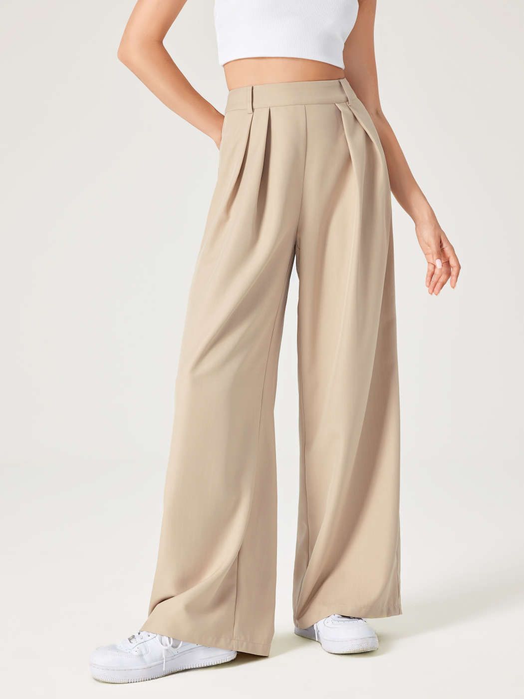 Solid Texture Pleated Wide Leg Trousers | Cider