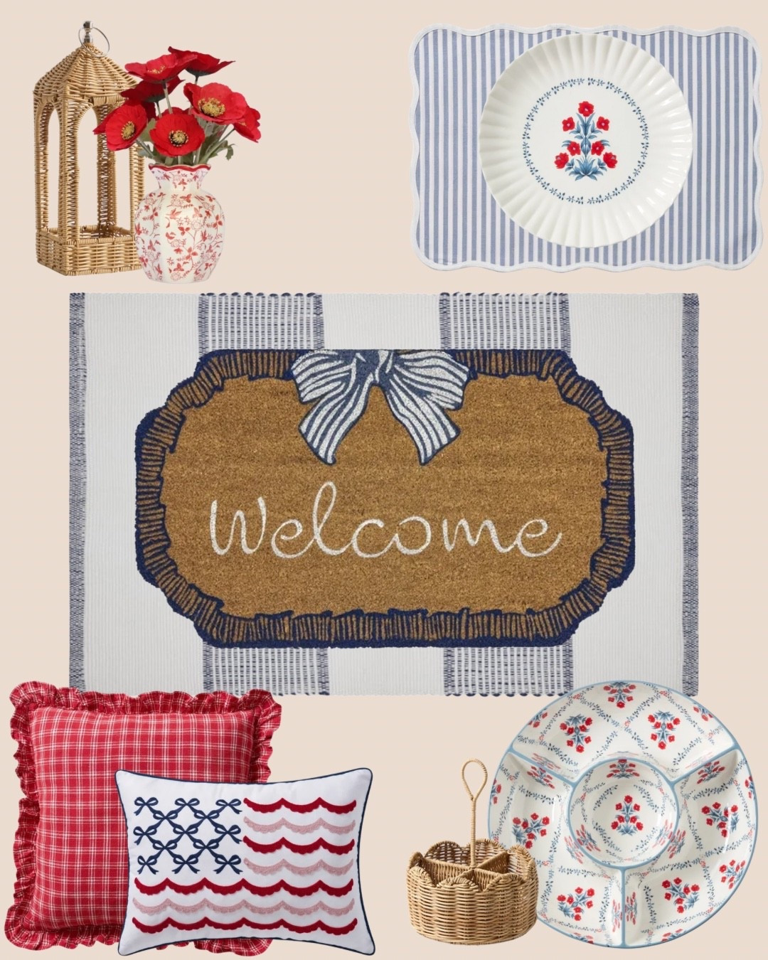 Porch-ready for summer. I’m obsessed with how this red, white & blue palette comes together — the bow welcome mat + floral serveware + ruffled pillows combo is giving everything I didn’t know I needed. All linked on LTK!🇺🇸
#LTKhome #LTKseasonal #LTKfindsunder100 #LTKparties #LTKfindsunder5

#LTKSaleAlert #LTKMothersDay #LTKdayinmylife