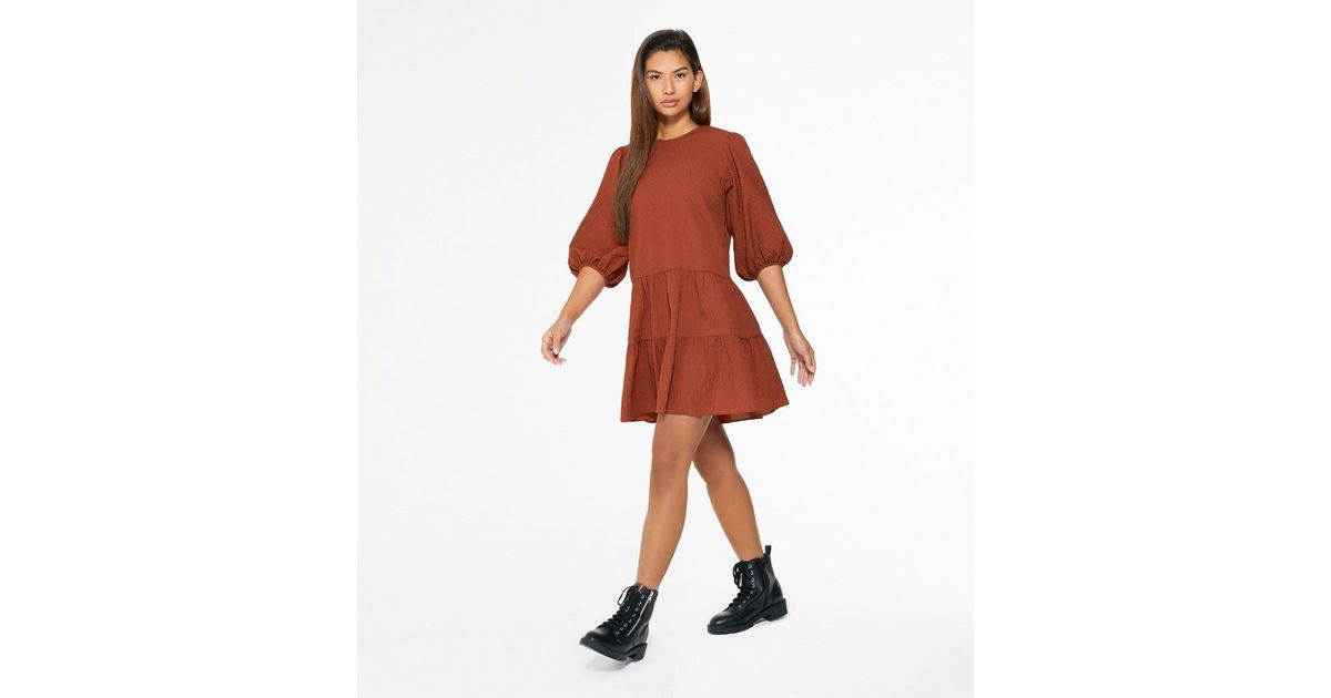Rust Puff Sleeve Tiered Smock Dress 
						
						Add to Saved Items
						Remove from Saved Item... | New Look (UK)