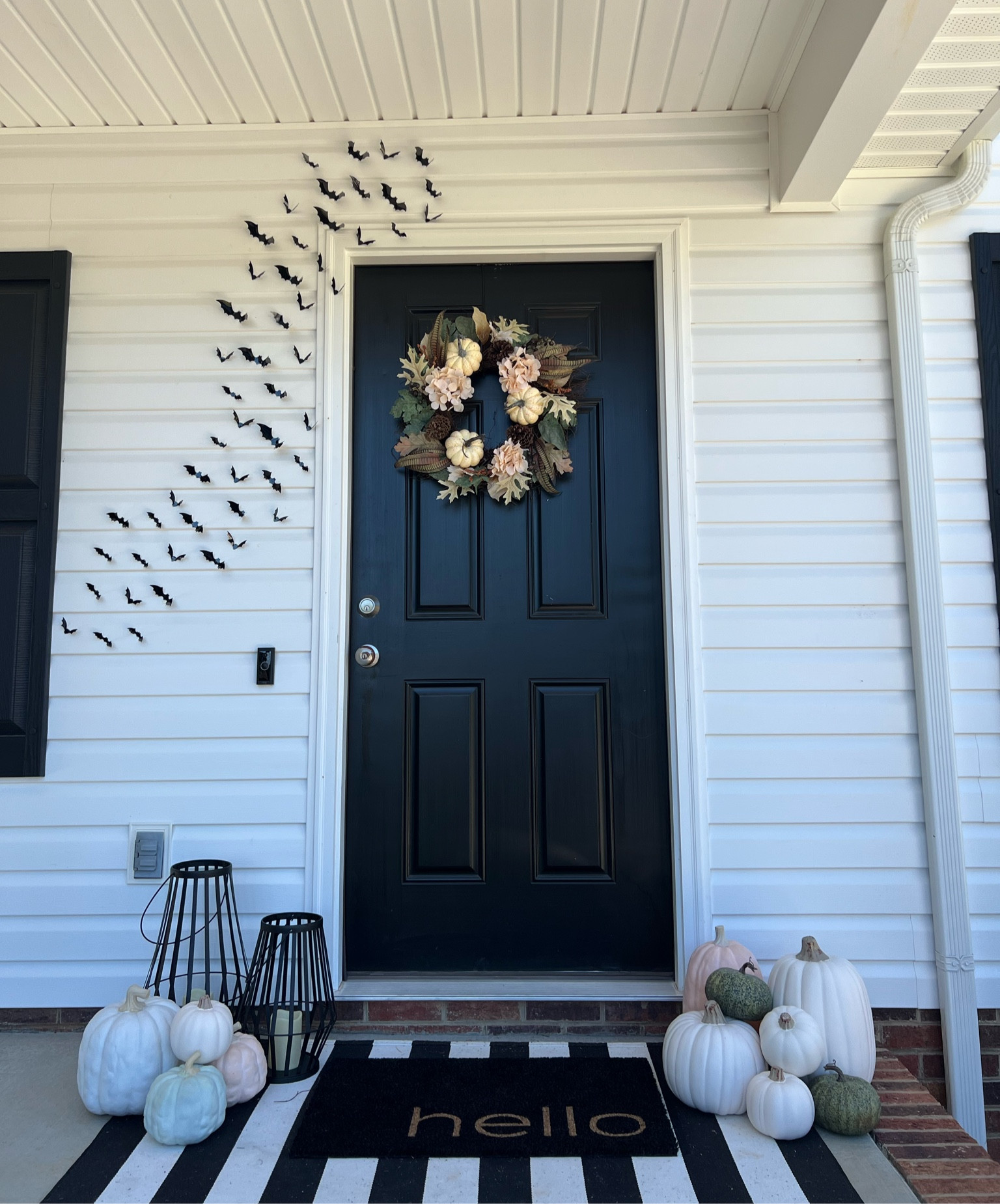 Bats and rug are Amazon, wreath and dark green pumpkins are Walmart, the lanterns and the rest of the pumpkins are all target along with the door mat! ❤️🎃

#LTKSeasonal #LTKhome #LTKHalloween