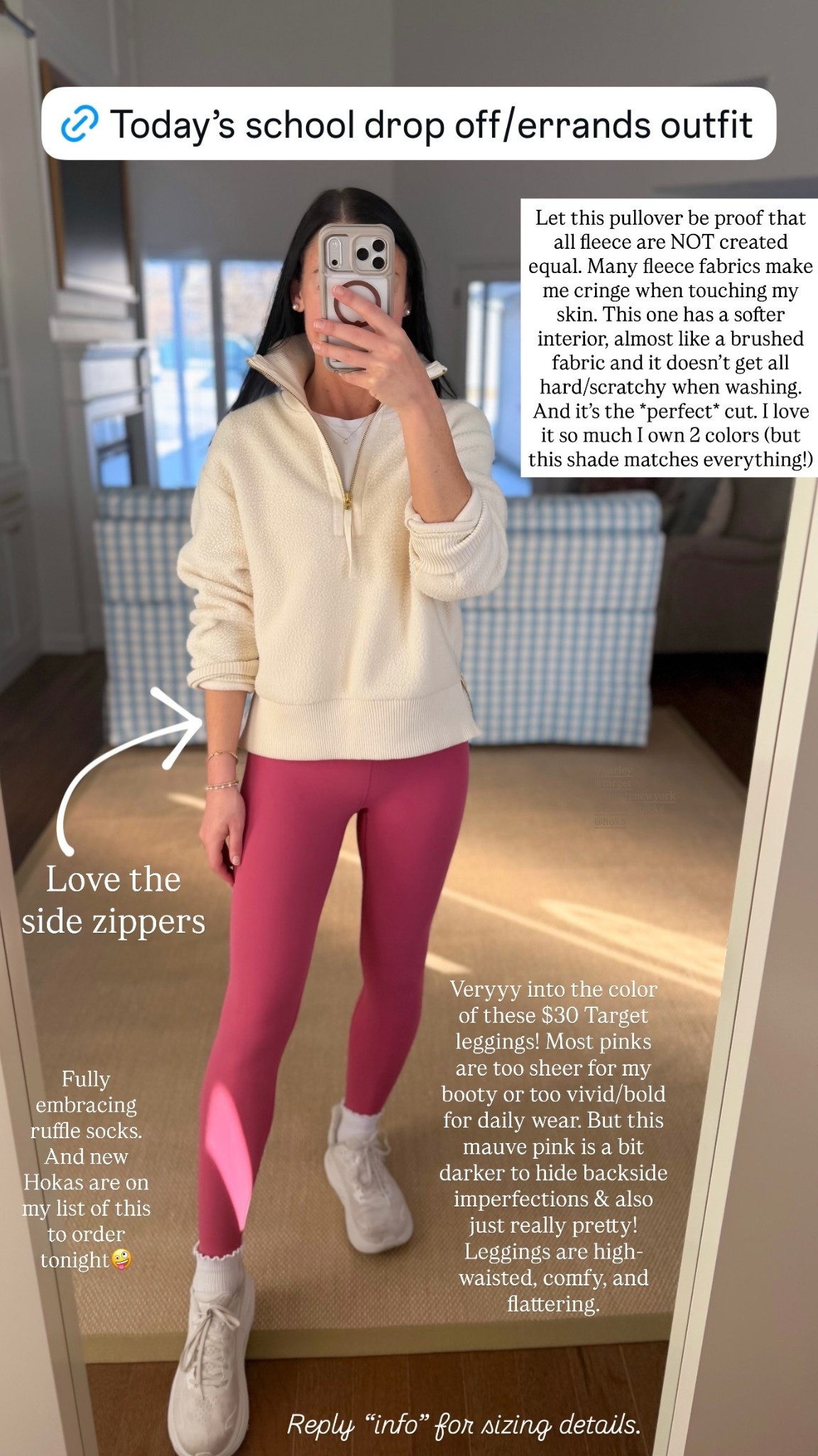 Let this pullover be proof that all fleece are NOT created equal. Many fleece fabrics make me cringe when touching my skin. This one has a softer interior, almost like a brushed fabric and it doesn’t get all hard/scratchy when washing. And it’s the *perfect* cut. I love it so much I own 2 colors (but this shade matches everything!) 

And I’m very into the color of these $30 Target leggings! Most pinks are too sheer for my booty or too vivid/bold for daily wear. But this mauve pink is a bit darker to hide backside imperfections & also just really pretty! Leggings are high-waisted, comfy, and flattering. Fully embracing ruffle socks. And new Hokas are on my list of this to order tonight🤪

SIZING: Pullover runs a little small, I’m between XS-S and went with a S. Leggings fit TTS, wearing a S. White undershirt fits TTS, wearing XS.

Activewear, mom outfit, casual style, Varley, ootd, Target style 

#LTKActive #LTKmomlife #LTKootd