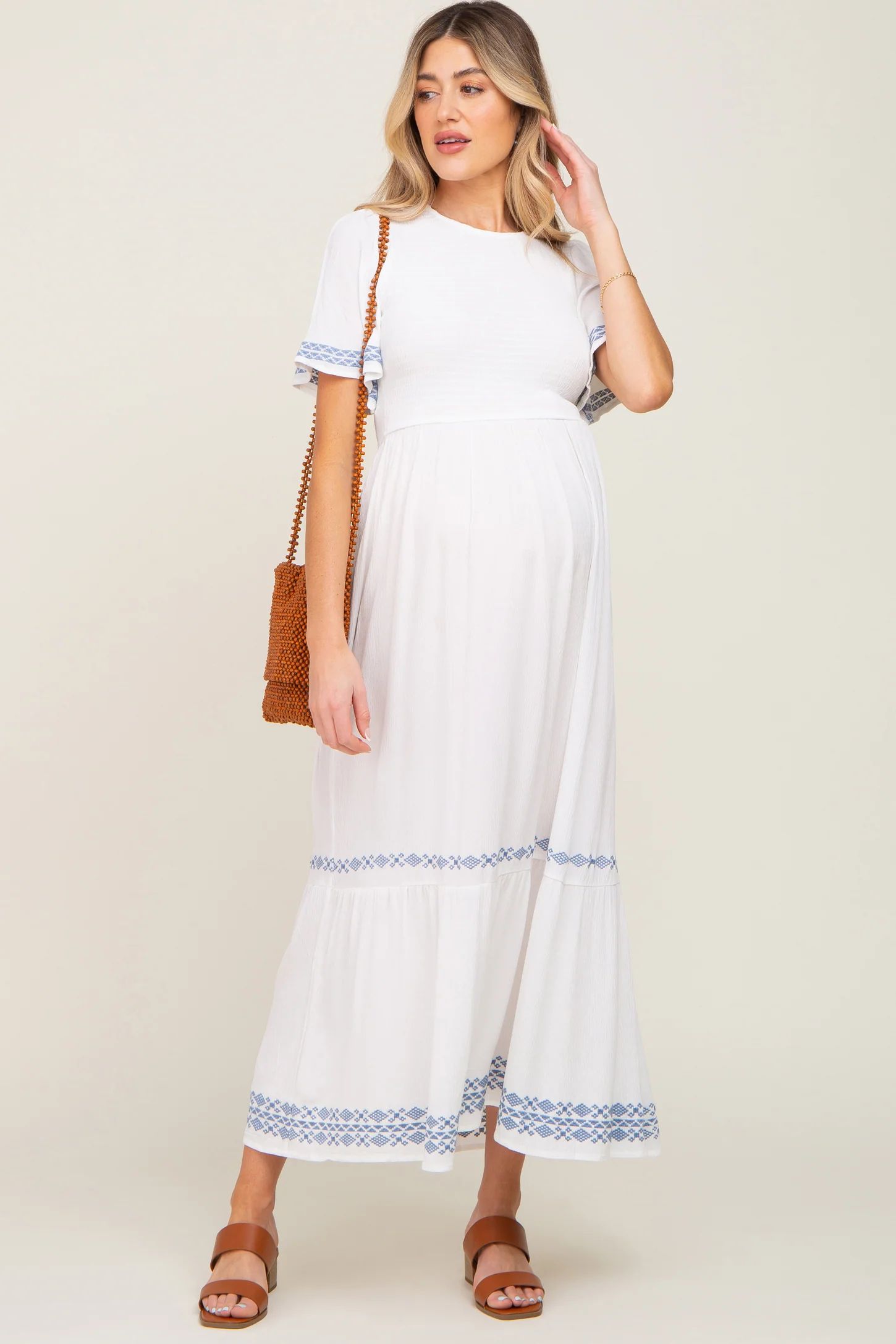 White Embroidered Accent Maternity Maxi Dress | PinkBlush Maternity
