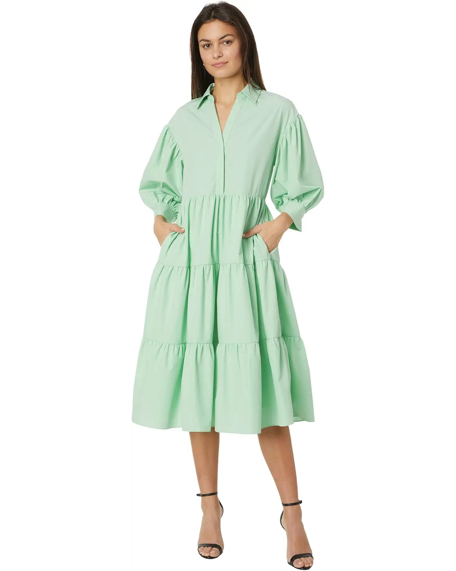 English Factory V-neckline Puff Sleeve Midi Dress | Zappos