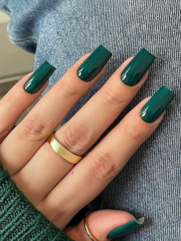 24Pcs/Set Minimalist Dark Green Medium-Long Rectangle Everyday Romantic Full Cover Press-On Fake Nails With 1Pc Jelly Gel And 1Pc Nail File, Ideal For Women And Girls For Party, Date And Daily Wear Nail Supplies Nails | SHEIN