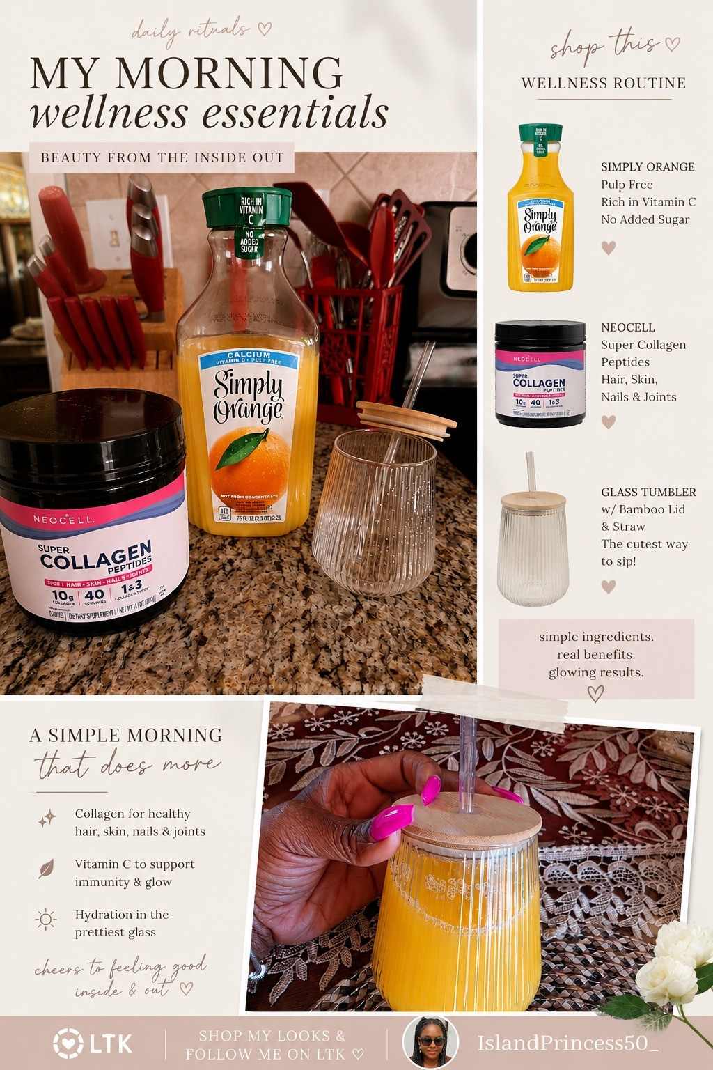Starting my mornings with a little beauty-from-within routine ✨🍊Collagen, vitamin C, and hydration in the cutest glass = the soft life wellness combo I didn’t know I needed 🤍

#LTKfitnessgoals #LTKselfcare #LTKmorningroutine