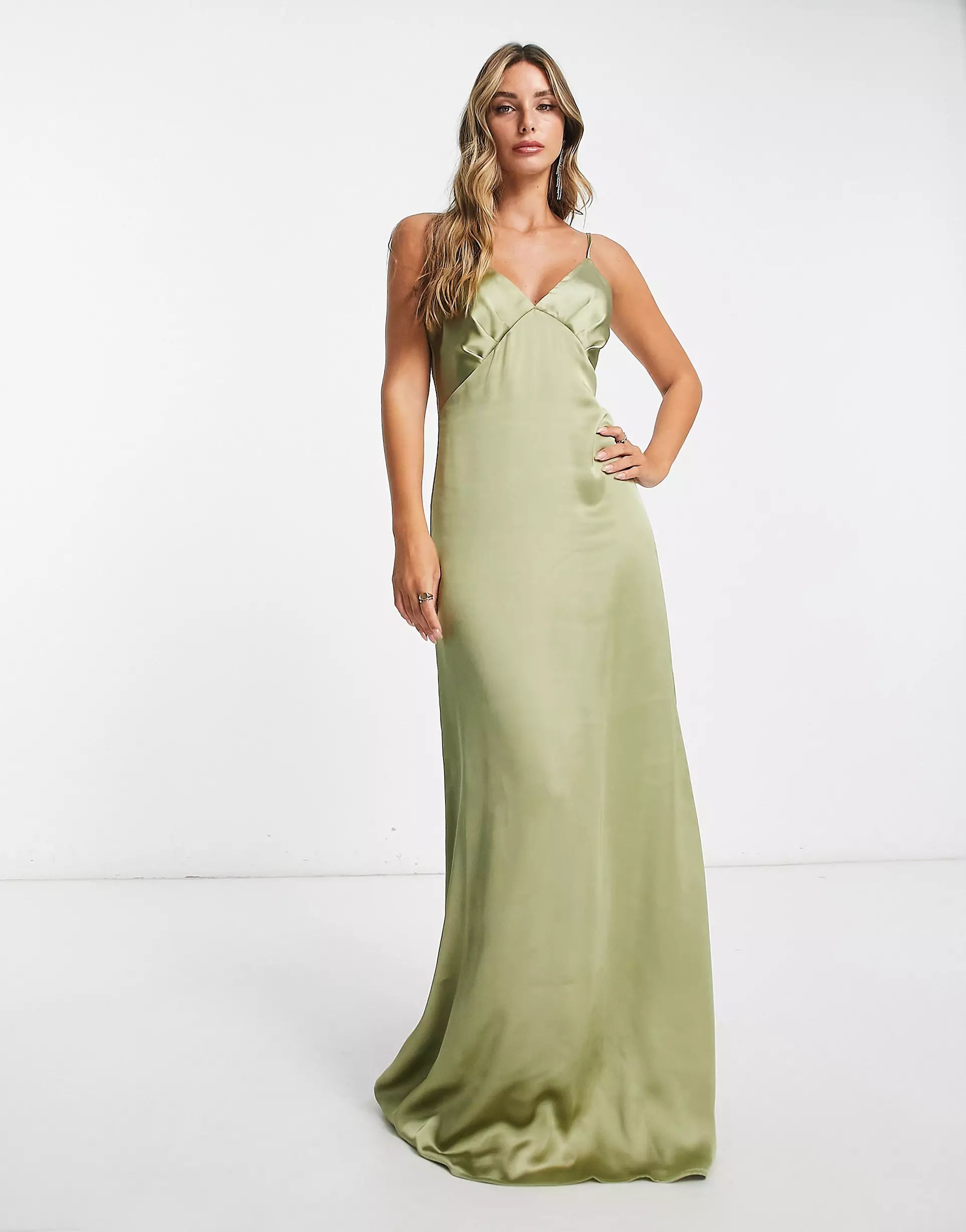 Pretty Lavish Bridesmaid Ines empire satin maxi dress in soft olive | ASOS (Global)
