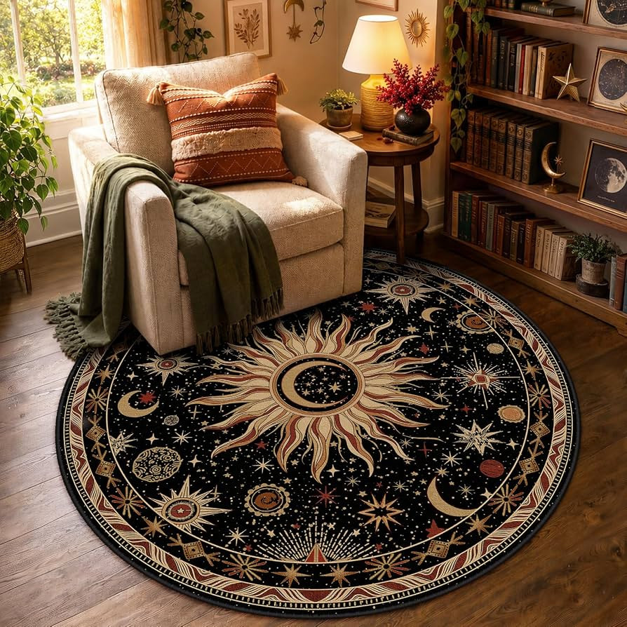 Vacuum-Friendly, Round 4ft Washable Area Rug, Black Gold Beige Red | Amazon (US)