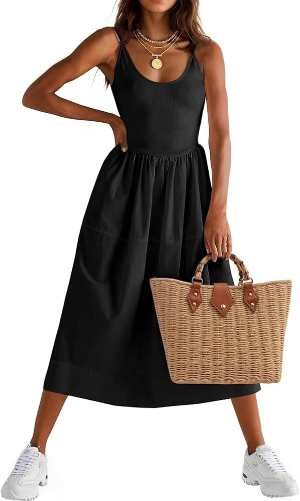 Fisoew Womens Spaghetti Strap Dress V Neck Backless Summer Casual A Line Cami Dress with Pocket | Amazon (US)