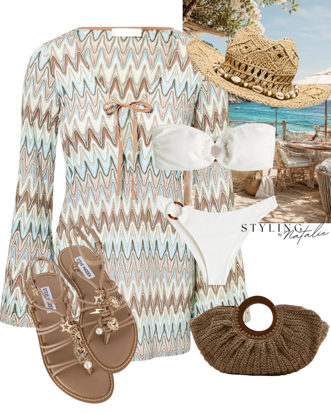 Beach dress 🌞🏝️
Chevron printed keyhole beach dress, white bandeau bikini, charm tie up sandals, cowboy beach hat, raffia bag. 
🏷️ 4th & Reckless, Steve Madden, Mango, summer hat, swimwear, beach cover up, beach outfit, beach club, summer style, St Tropez, Ibiza style, holiday outfits, resort wear, summer styling, euro summer, holiday wardrobe, swimwear styling, cover ups, poolside style

#LTKsummer #LTKdresses #LTKswimwear