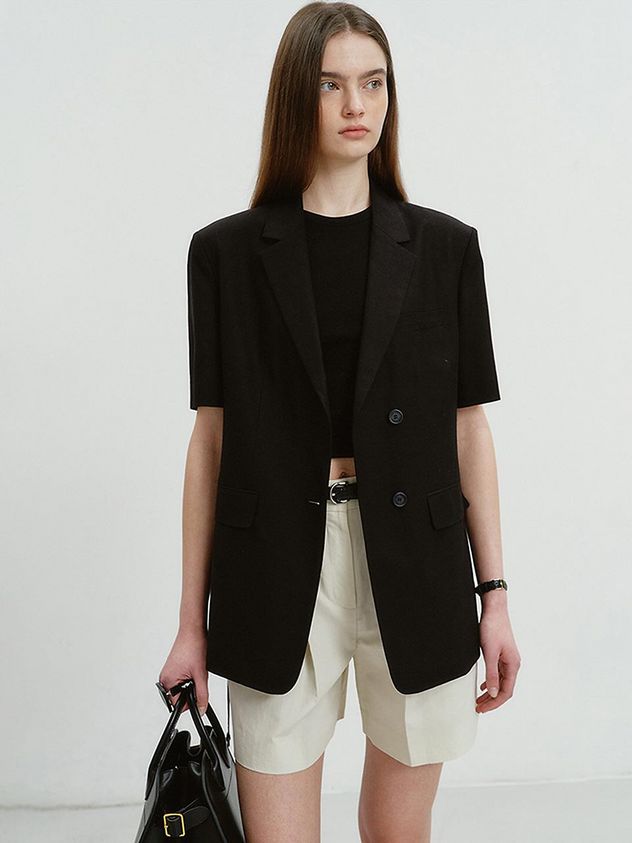 Half Sleeve Belted Linen Jacket_Black | W Concept (US)