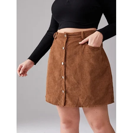 Casual Women s Plus Size Button Through Corduroy Skirt S2208X Brown | Walmart (US)
