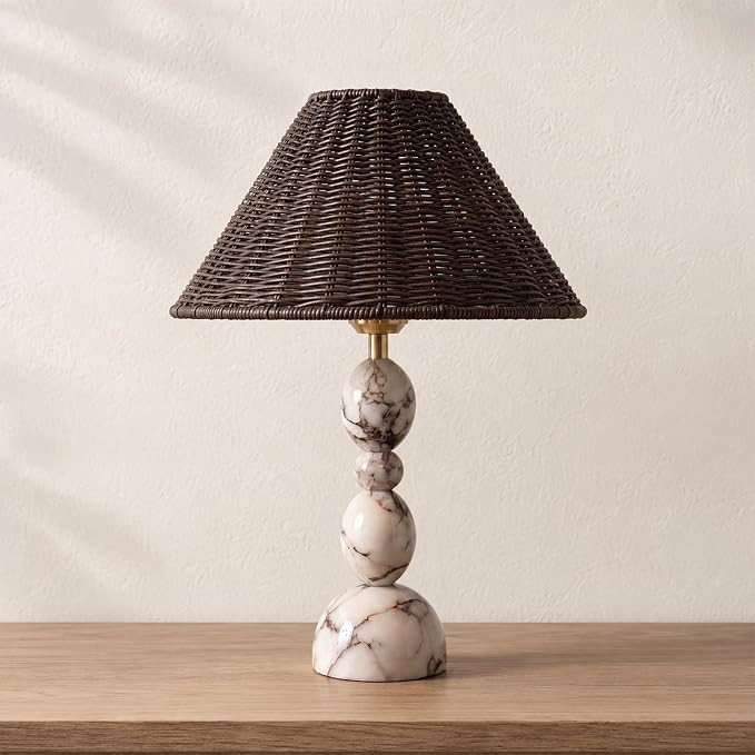 Calacatta Marble Table Lamp with Rattan Shade,15in Boho Stone Lamp | Marble Lamp with 3 Color Tem... | Amazon (US)