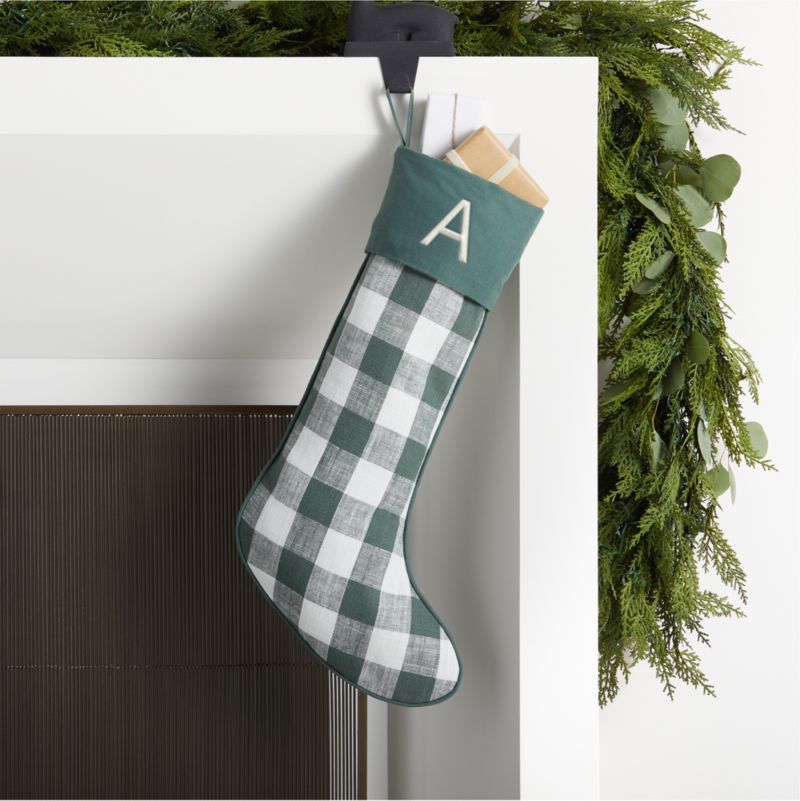 Green Linen-Cotton Blend Gingham Personalized Christmas Stocking + Reviews | Crate & Barrel | Crate & Barrel