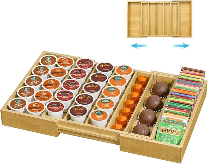 Coffee Pod Holder Drawer, Bamboo K Cup Holder Compatible with Nespresso Vertuo Capsules, 25-45 K ... | Amazon (US)