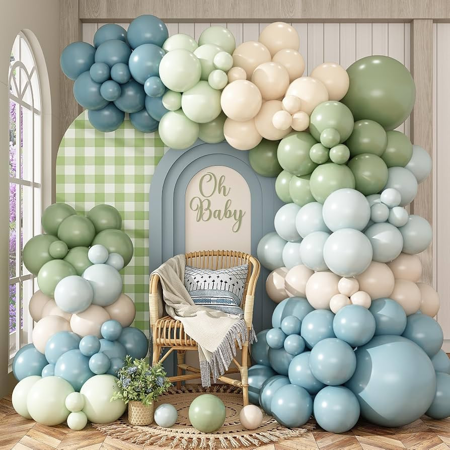 Dusty Blue Sage Green Balloon Garland Arch Kit, 130 Pcs Fog Blue Light Blue Green Sand White Ball... | Amazon (US)