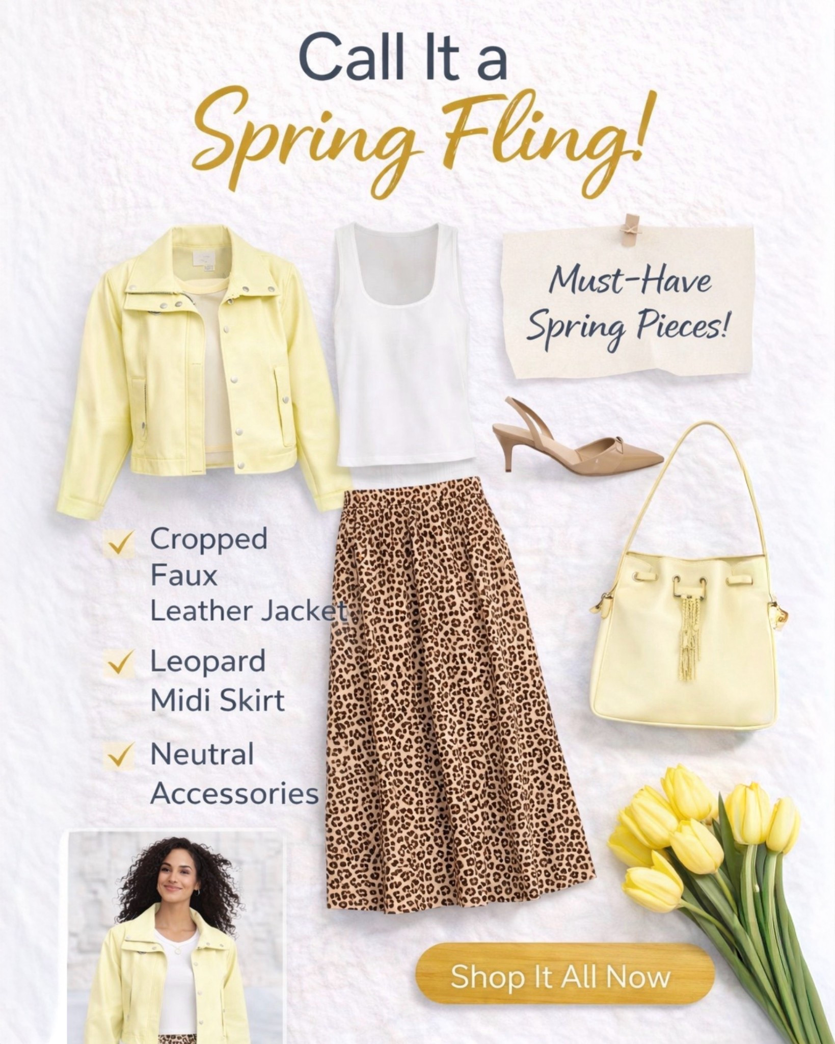 Spring fling outfit you’ll wear on repeat 💛🌼

This look is the perfect mix of fresh + effortless - a soft yellow cropped jacket, classic white tank, and a leopard midi skirt that instantly elevates everything ✨

Finished with neutral heels and a matching bag for that polished, everyday feel

Everything is easy to mix & match for spring 🤍

Shop all pieces linked here 👇

#LTKootd #LTKmomlife #LTKSeasonal