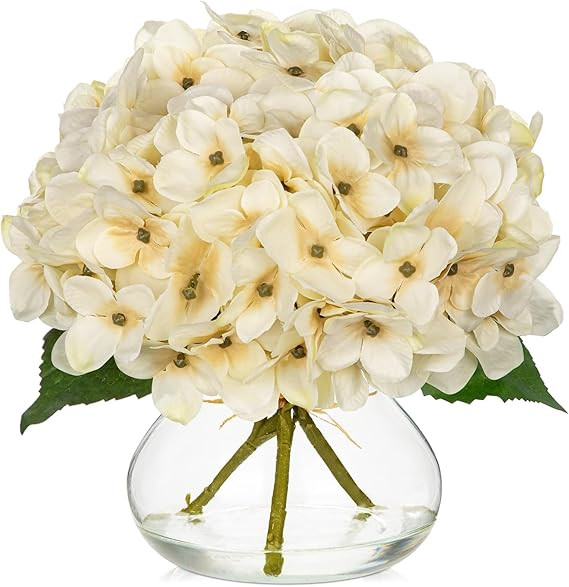 Hollyone Hydrangea Fall Flowers Artificial for Decoration with Glass Vase White Silk Fake Flower ... | Amazon (US)