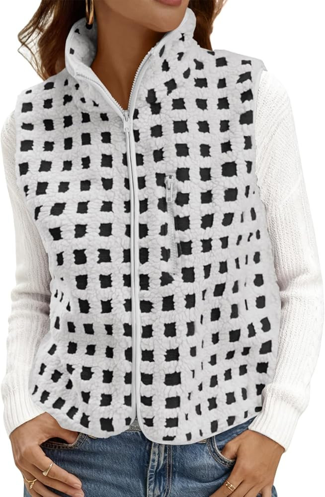 Tankaneo Womens Checkered Sherpa Vest Fleece Fuzzy Zip Up Sleeveless Jacket Casual 2025 Winter Wa... | Amazon (US)