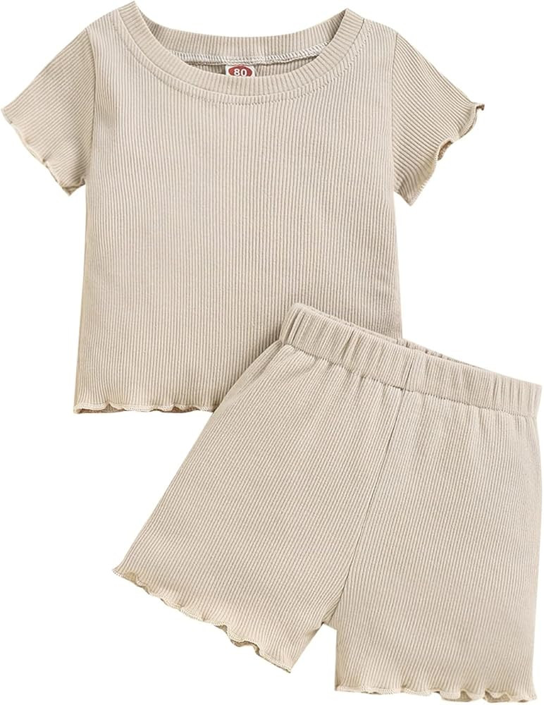 Dimoybabe Toddler Baby Girl Summer Clothes Knit Cotton Outfits Infant Short Set | Amazon (US)