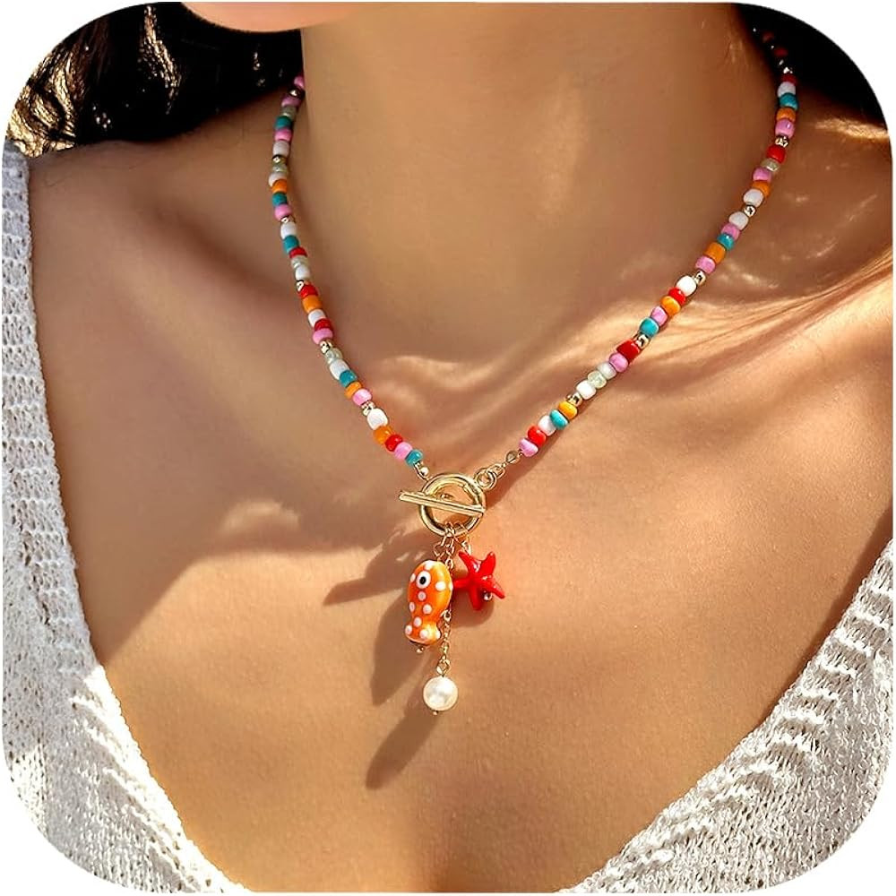 RINHOO Ceramic Fish & Starfish Charm Necklace Boho Handmade Bead Necklace OT Buckle Clasp Jewelry | Amazon (US)