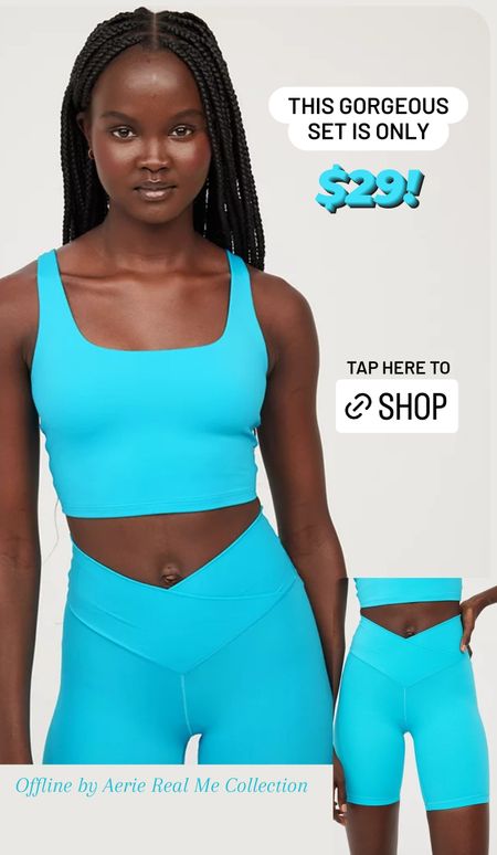 Aerie Offline Real Me set - only $29!! Barbados blue color. Twist back sports bra tank top, crossover waist 7" biker shorts.

#LTKSaleAlert #LTKFitness #LTKFindsUnder50