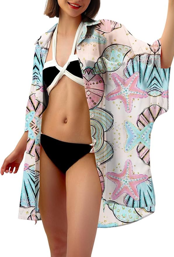 RAISEVERN Women's Swimsuit Cover Up 2024 3/4 Sleeve Bathing Suit Bikini Hawaiian Coverup Button D... | Amazon (US)