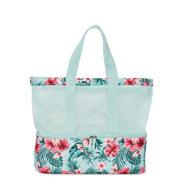 No Boundaries Women’s Beach Tote Bag with Zip Bottom Cooler Mint Tropical Floral | Walmart (US)