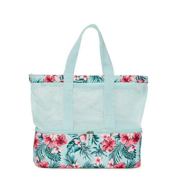 No Boundaries Women’s Beach Tote Bag with Zip Bottom Cooler Mint Tropical Floral - Walmart.com | Walmart (US)
