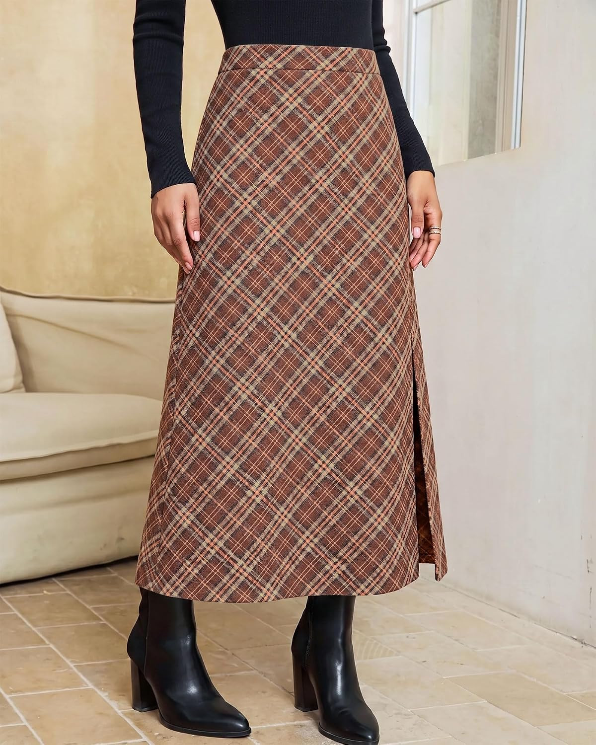 luvamia Plaid Maxi Skirts for Women Trendy A-Line Long Skirt with Side Slit | Amazon (US)